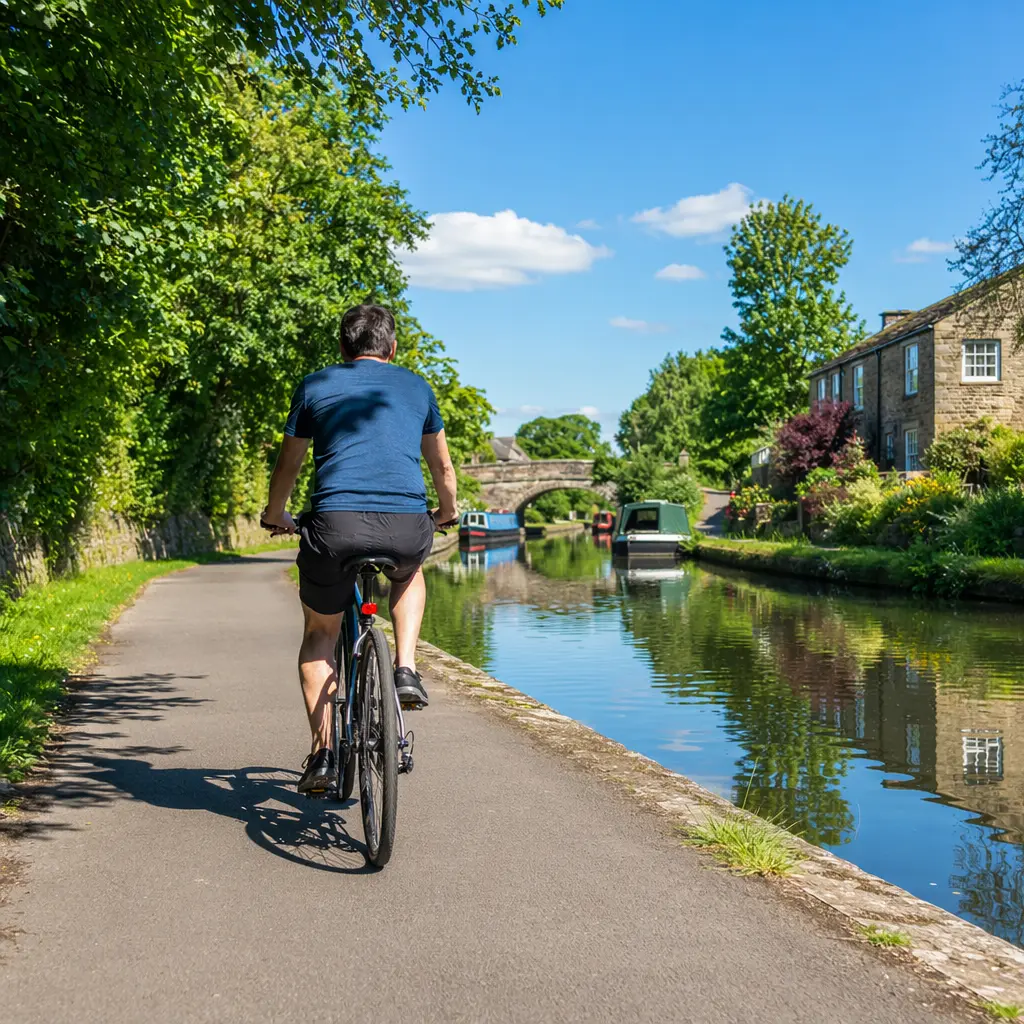 A hybrid bike being ridden along a sunny canal towpath under a bright blue sky
