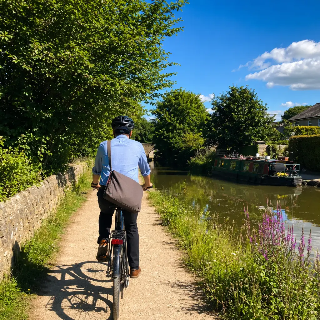 Comfort-focused hybrid bike being ridden along a sunny UK canal towpath