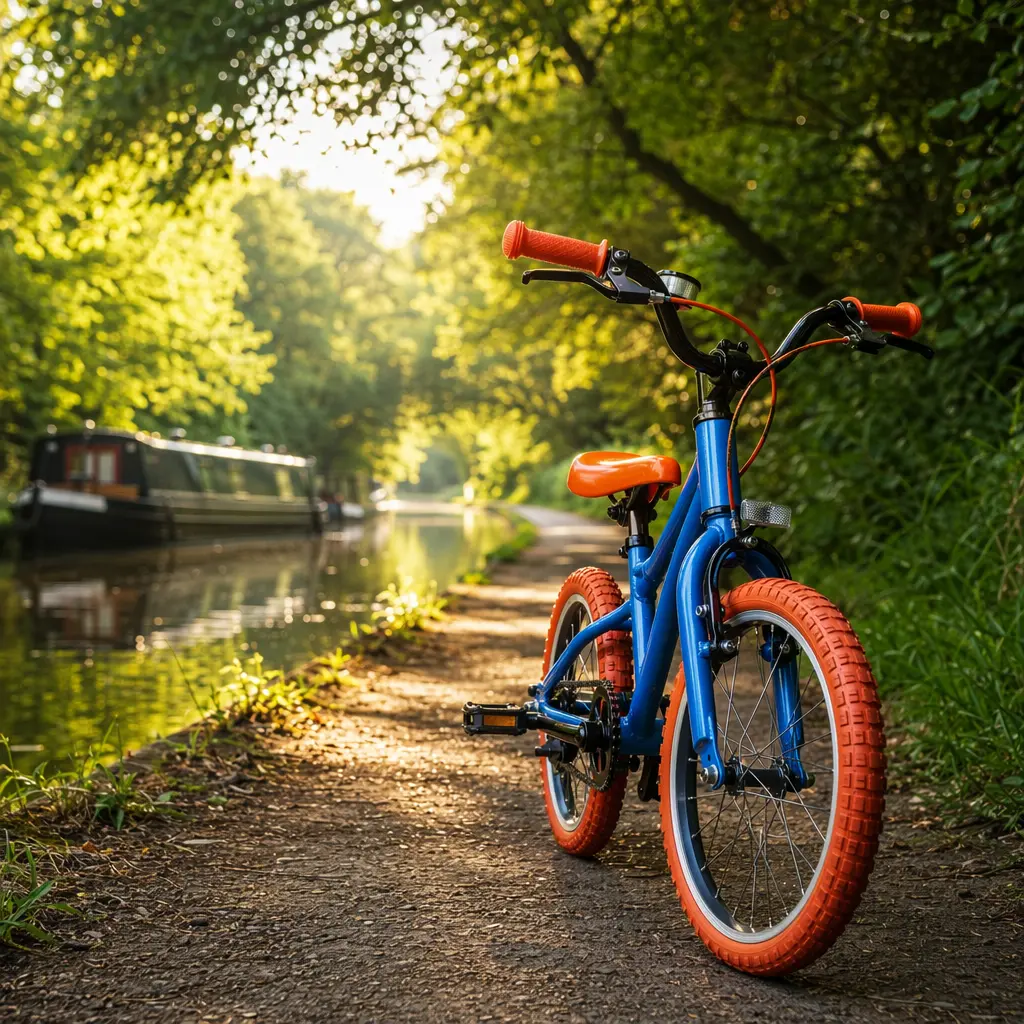 Kids’ bike in warm morning light beside a canal path