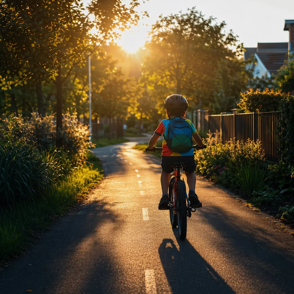 Child cycling confidently on a bright, sunlit path