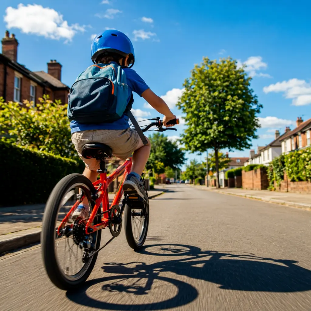 Children’s bike set up for school riding on a bright sunny street