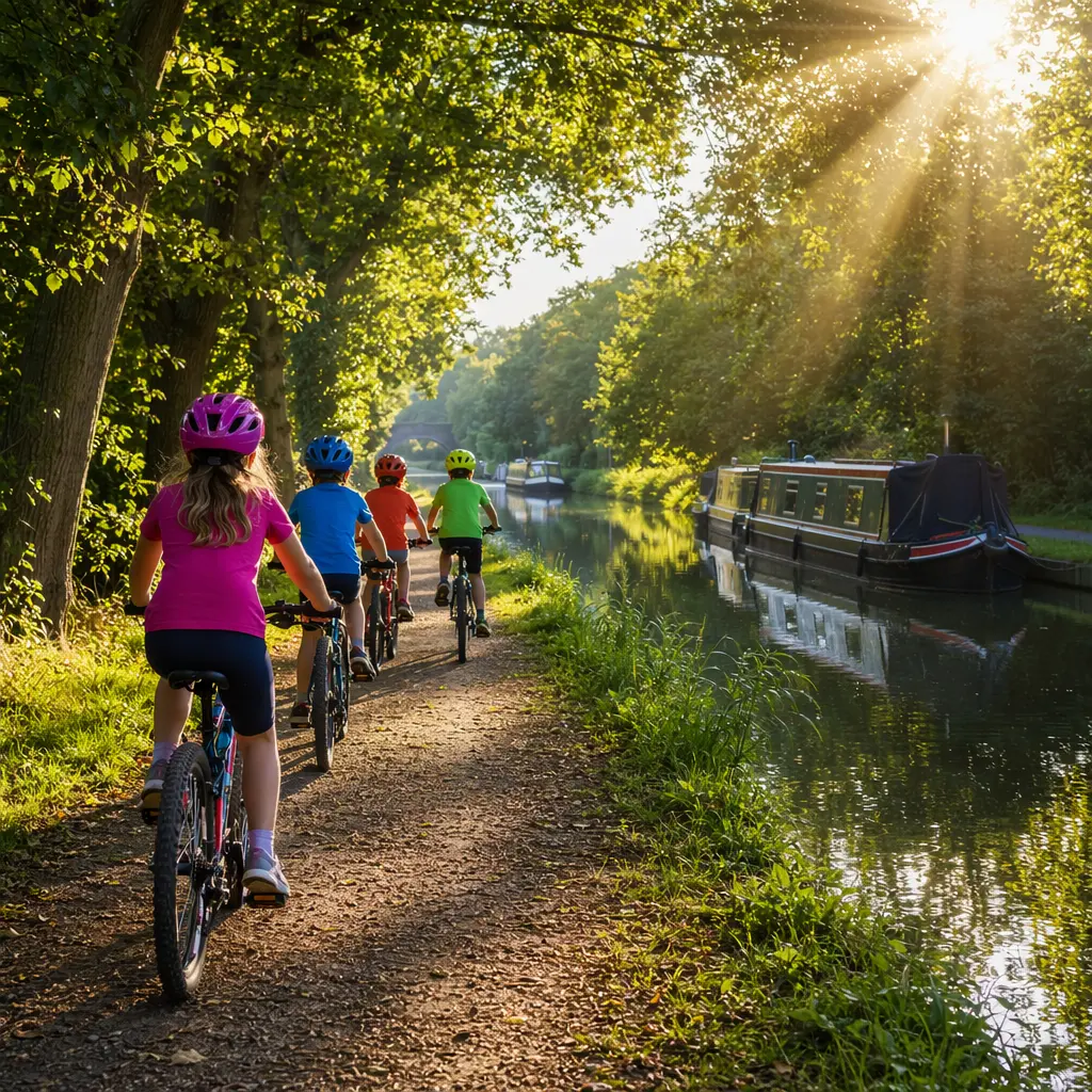 Children riding bikes along a sunny canal towpath in the morning