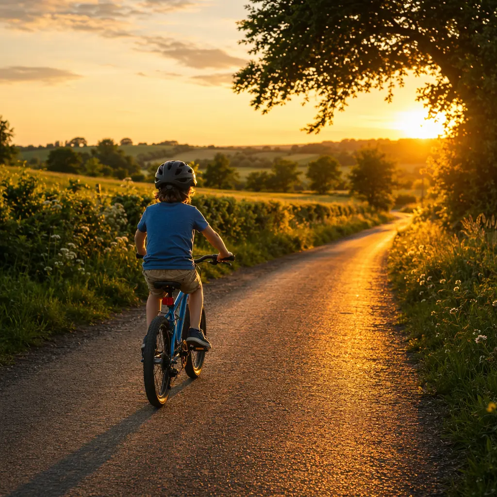 Child cycling along a country lane in warm golden-hour light