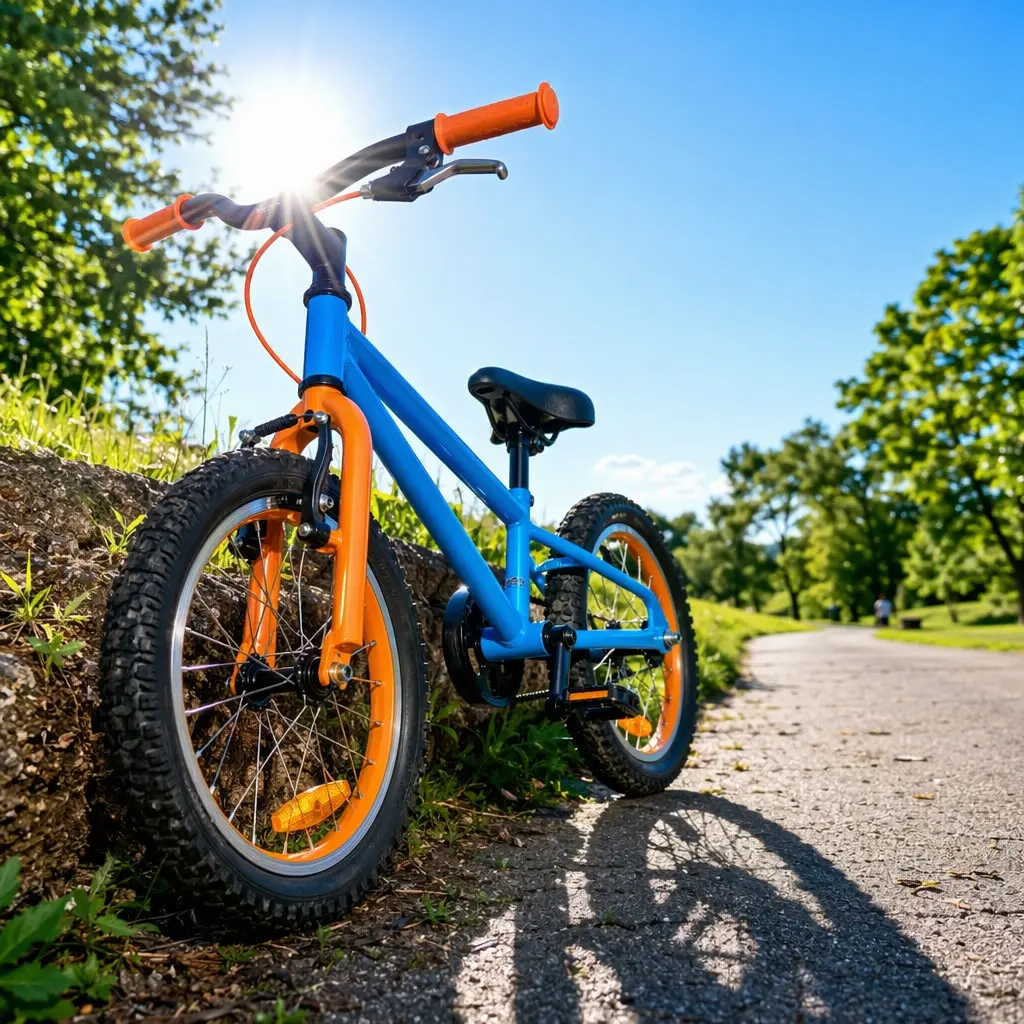 Lightweight children’s bike in a sunny park under a bright blue sky