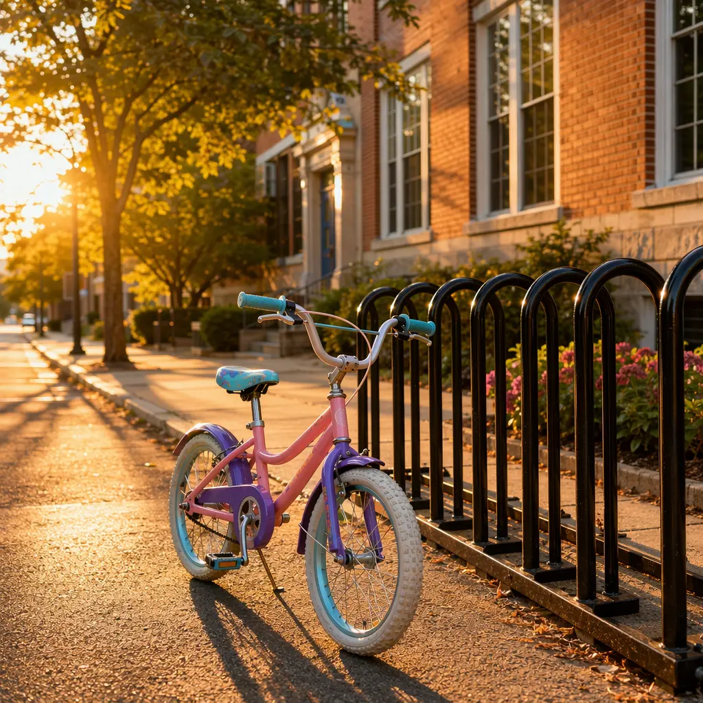 A kids’ bike locked at a school rack in warm golden-hour light