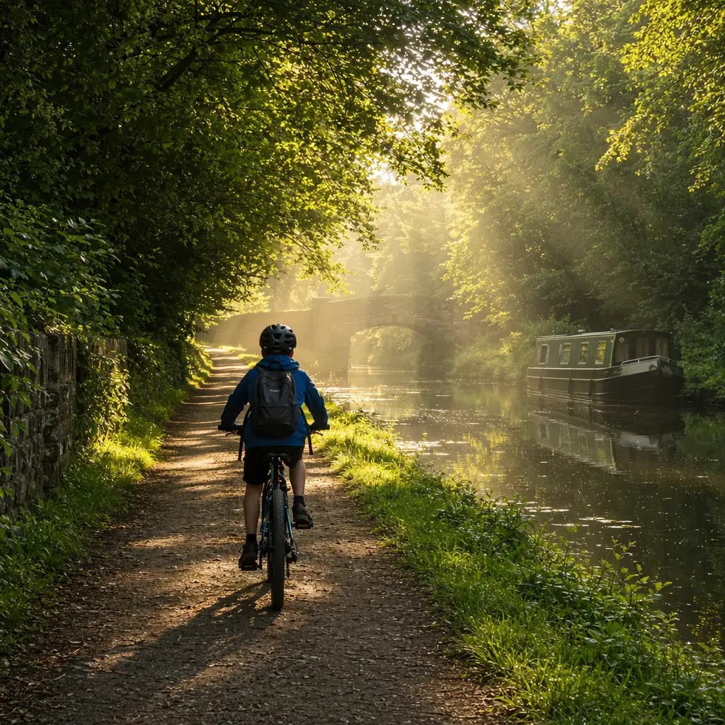 A child cycling to school along a sunny canal towpath