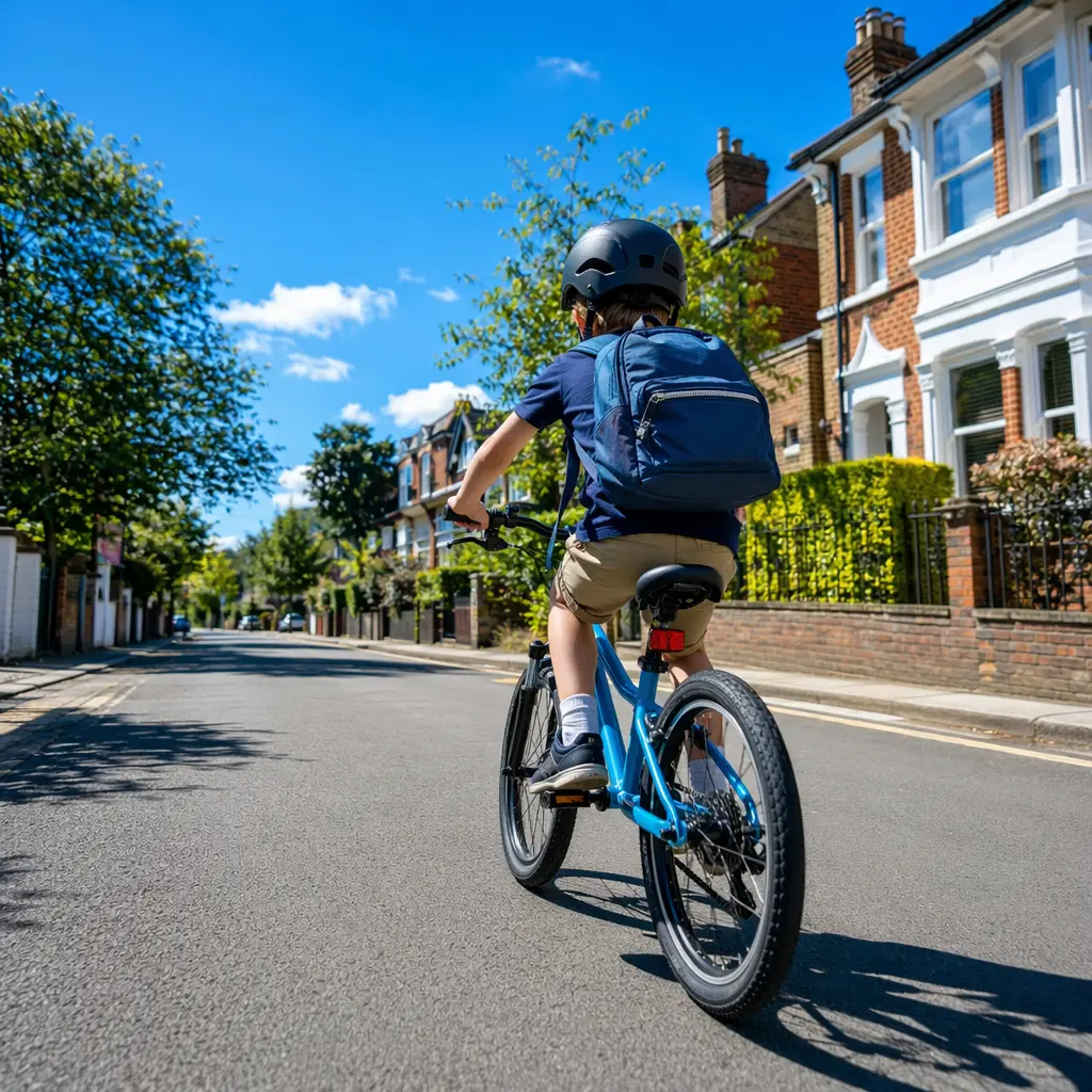 A child riding a lightweight bike to school on a bright, sunny UK street
