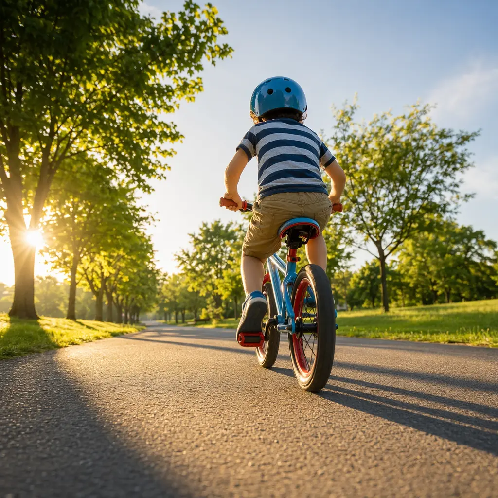 Child riding a small bike confidently along a sunny park path