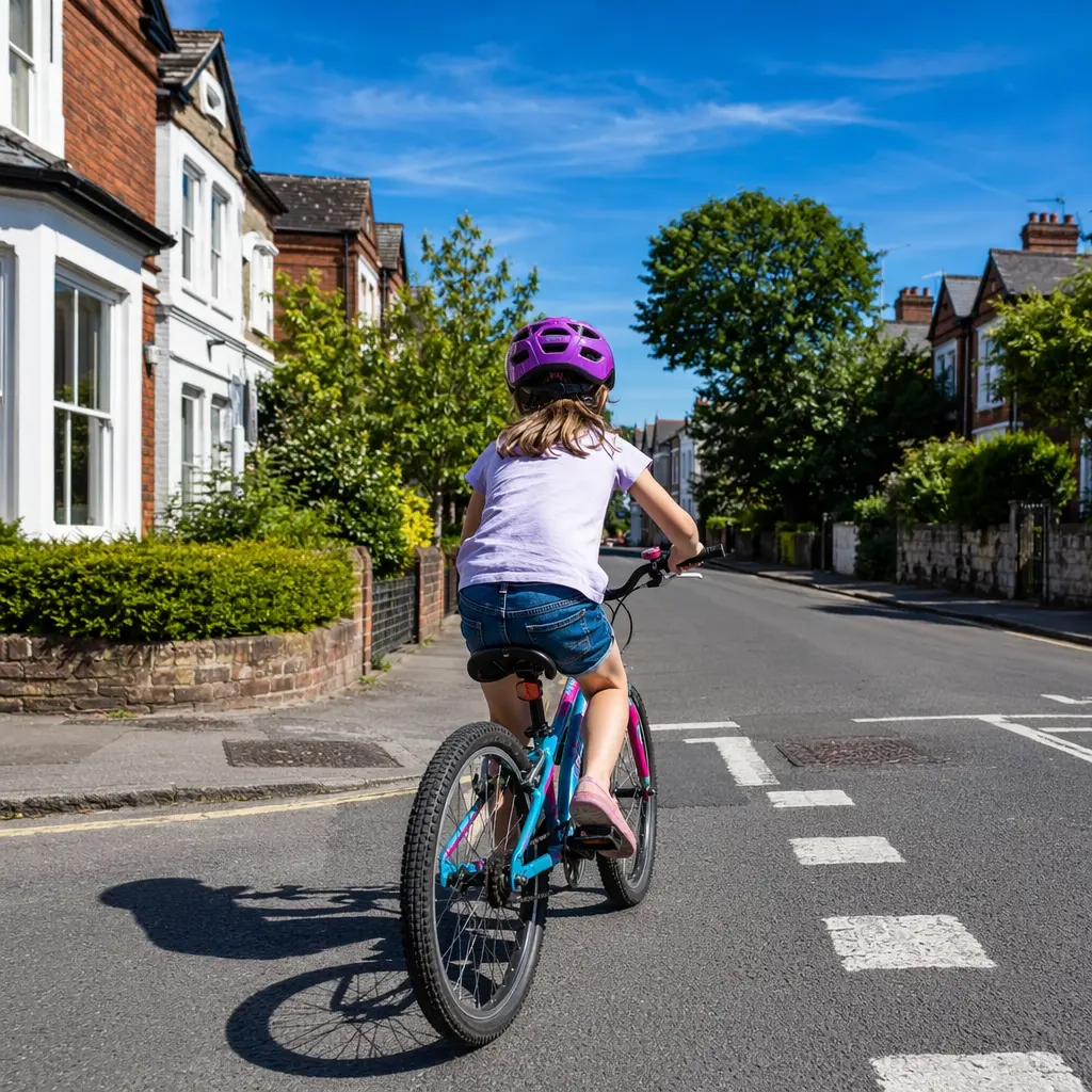 A child riding a bike confidently on a sunny residential street