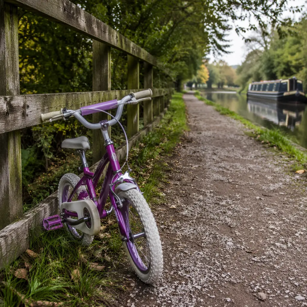Children’s bike resting beside a canal towpath in the UK