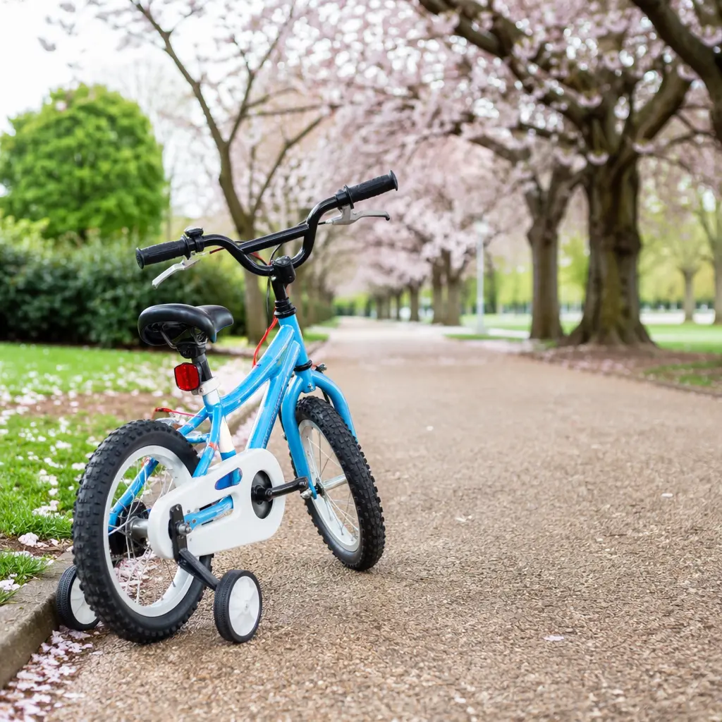 Small children's bike on a quiet UK park path in soft natural light