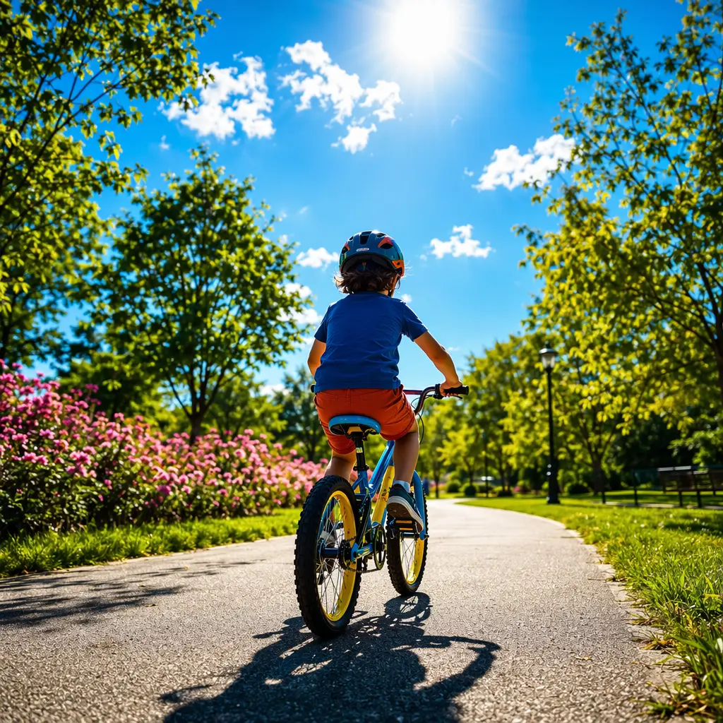 Child riding a kids’ bike along a sunny park path with a bright blue sky