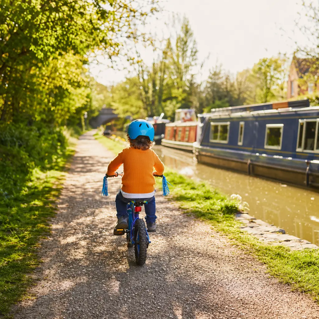 Child riding a small bicycle confidently along a sunlit canal towpath