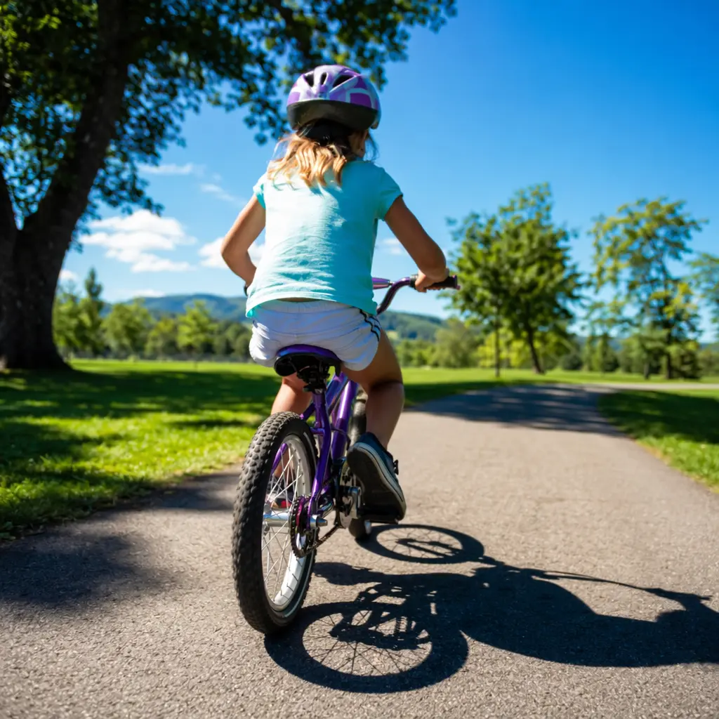 Child riding a kids’ bike along a sunny park path, viewed from behind