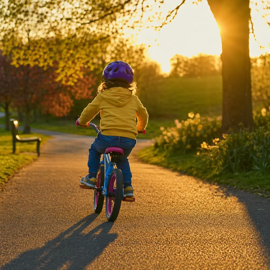 Child riding a kids’ bike along a park path in warm golden-hour light