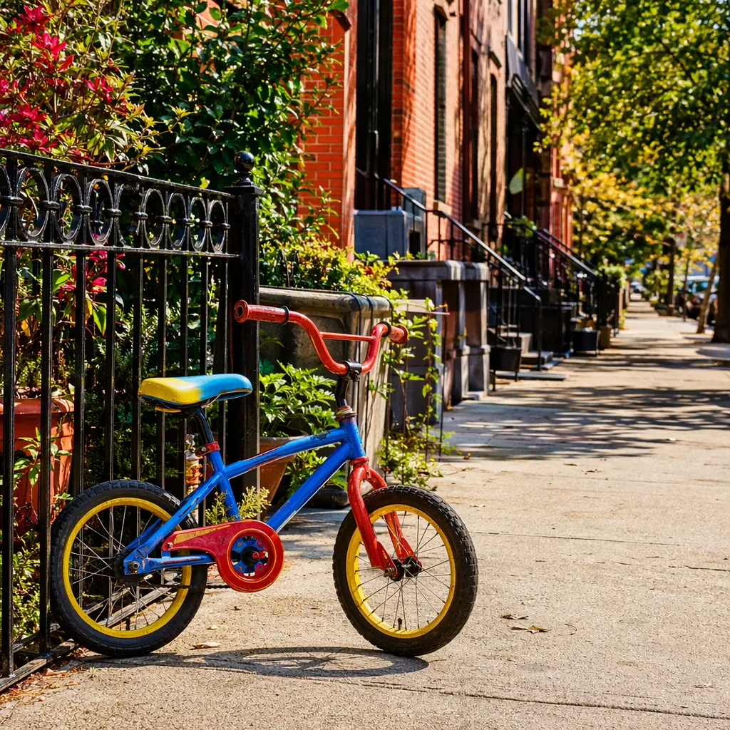 Child-sized bicycle on a sunny urban street