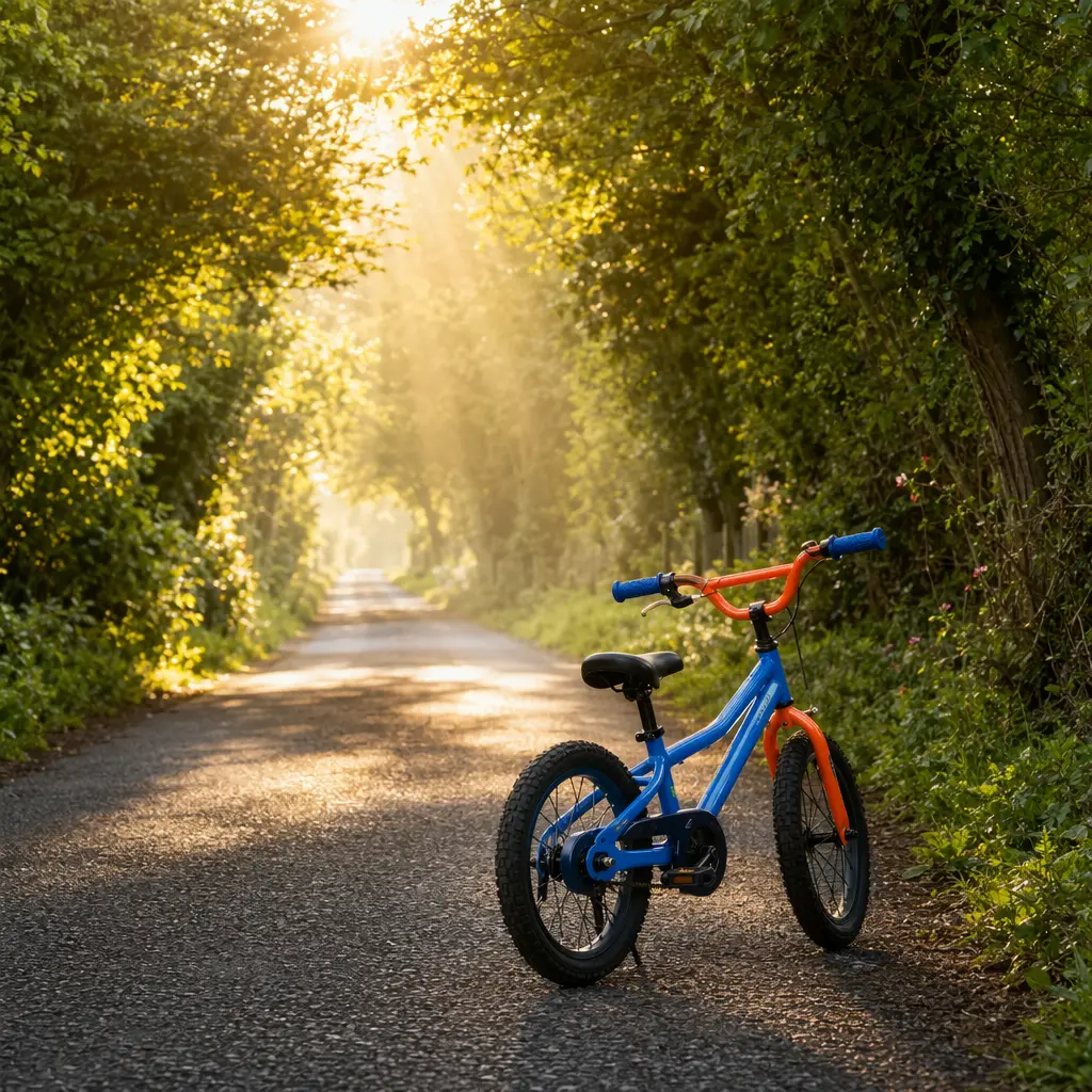 Kids bicycle on a country lane in warm morning sunlight