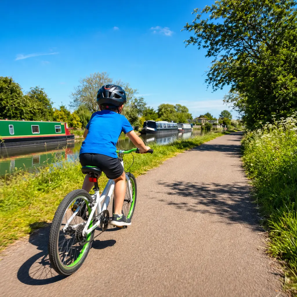 Kids bicycle being ridden along a sunny canal towpath with bright blue sky