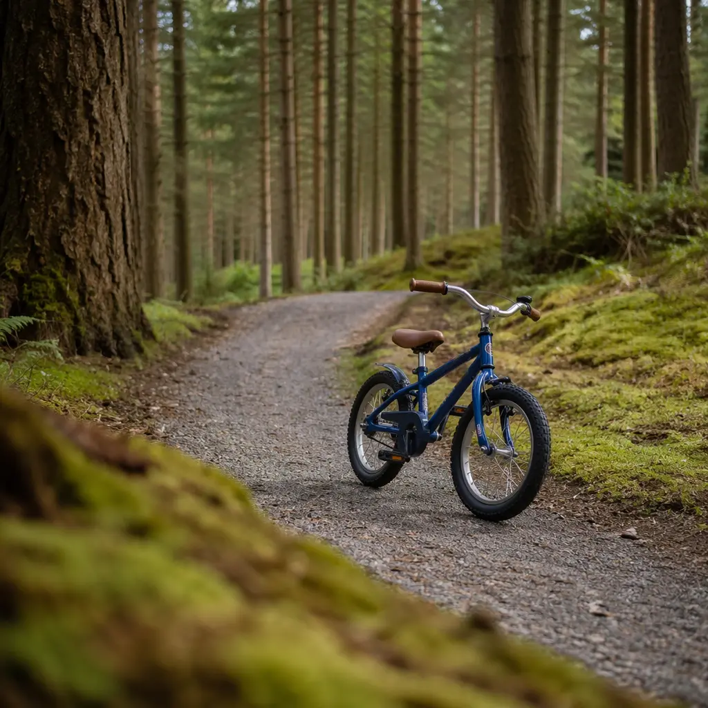 Children’s bike on a woodland gravel track in the UK