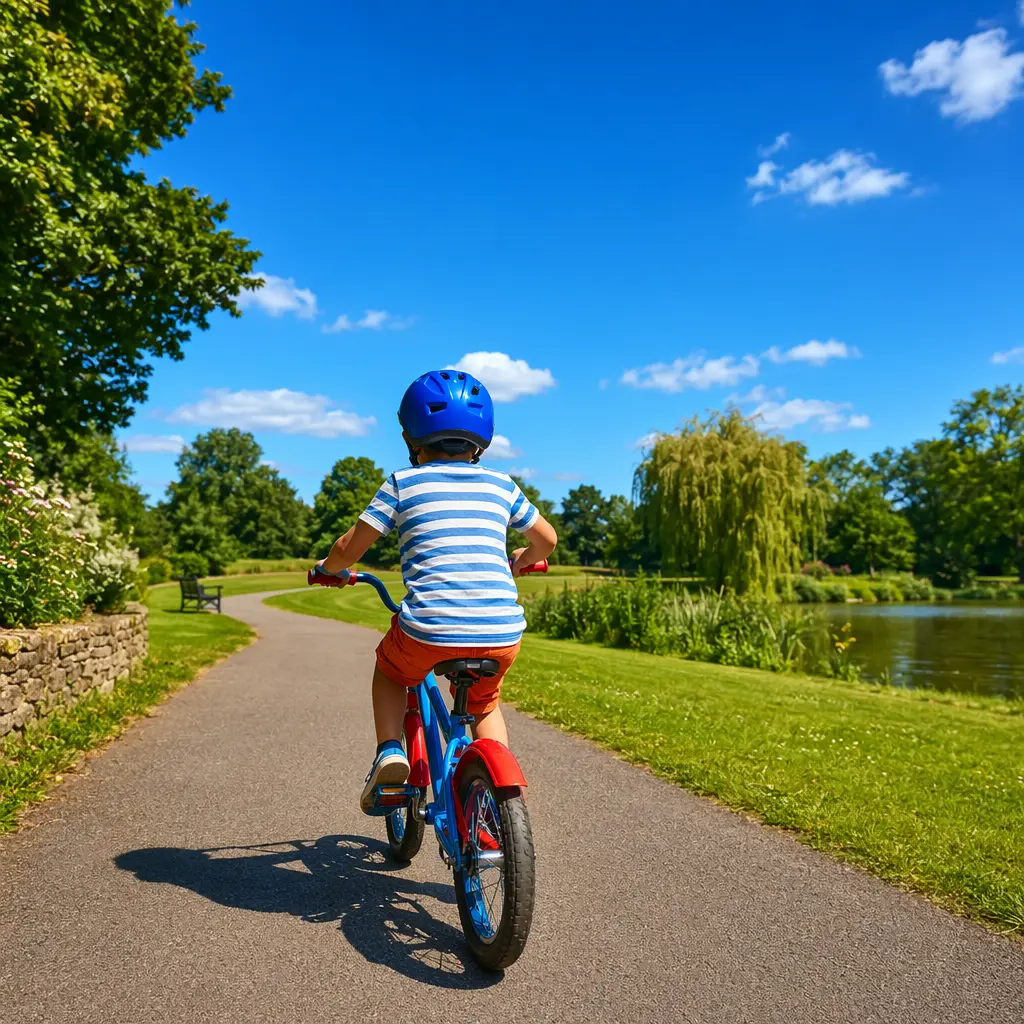 Child riding a colourful kids’ bike along a sunny park path