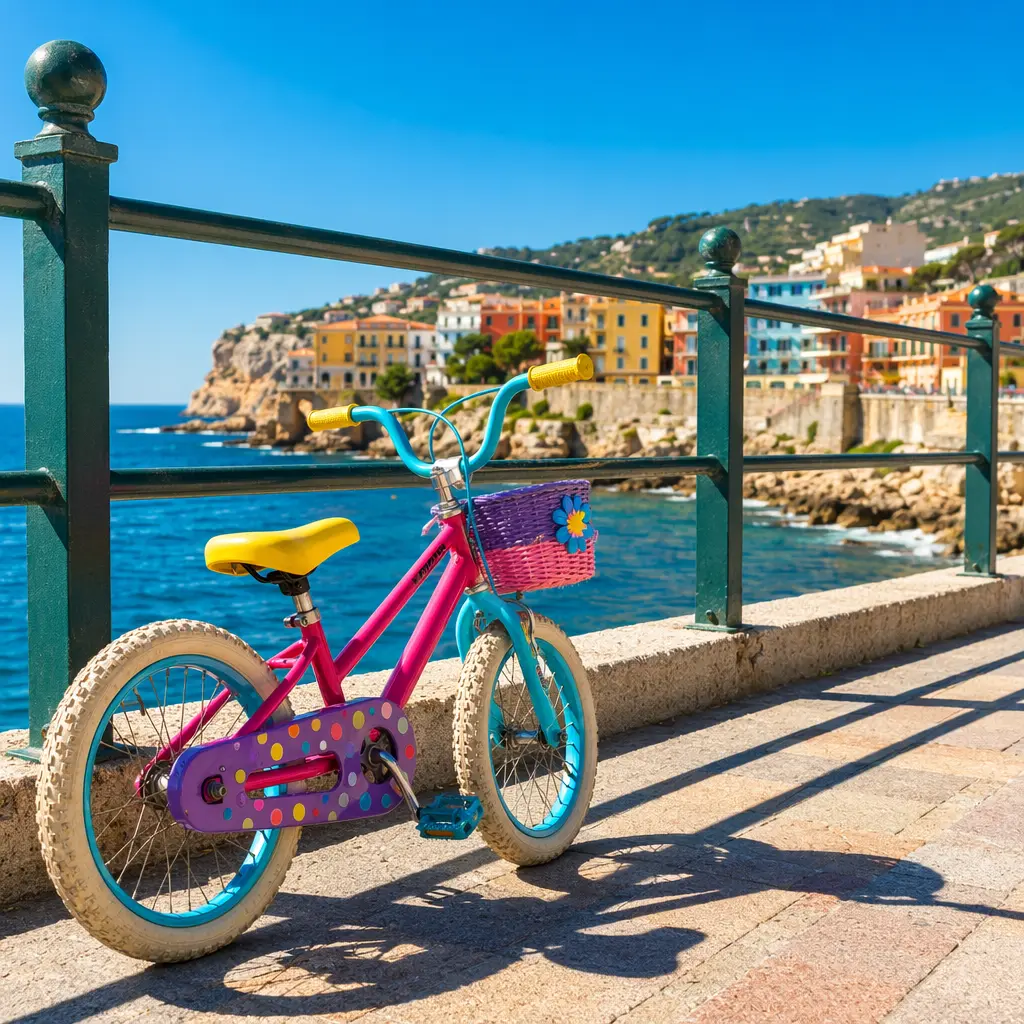 Children’s bike in bright sunlight on a coastal promenade
