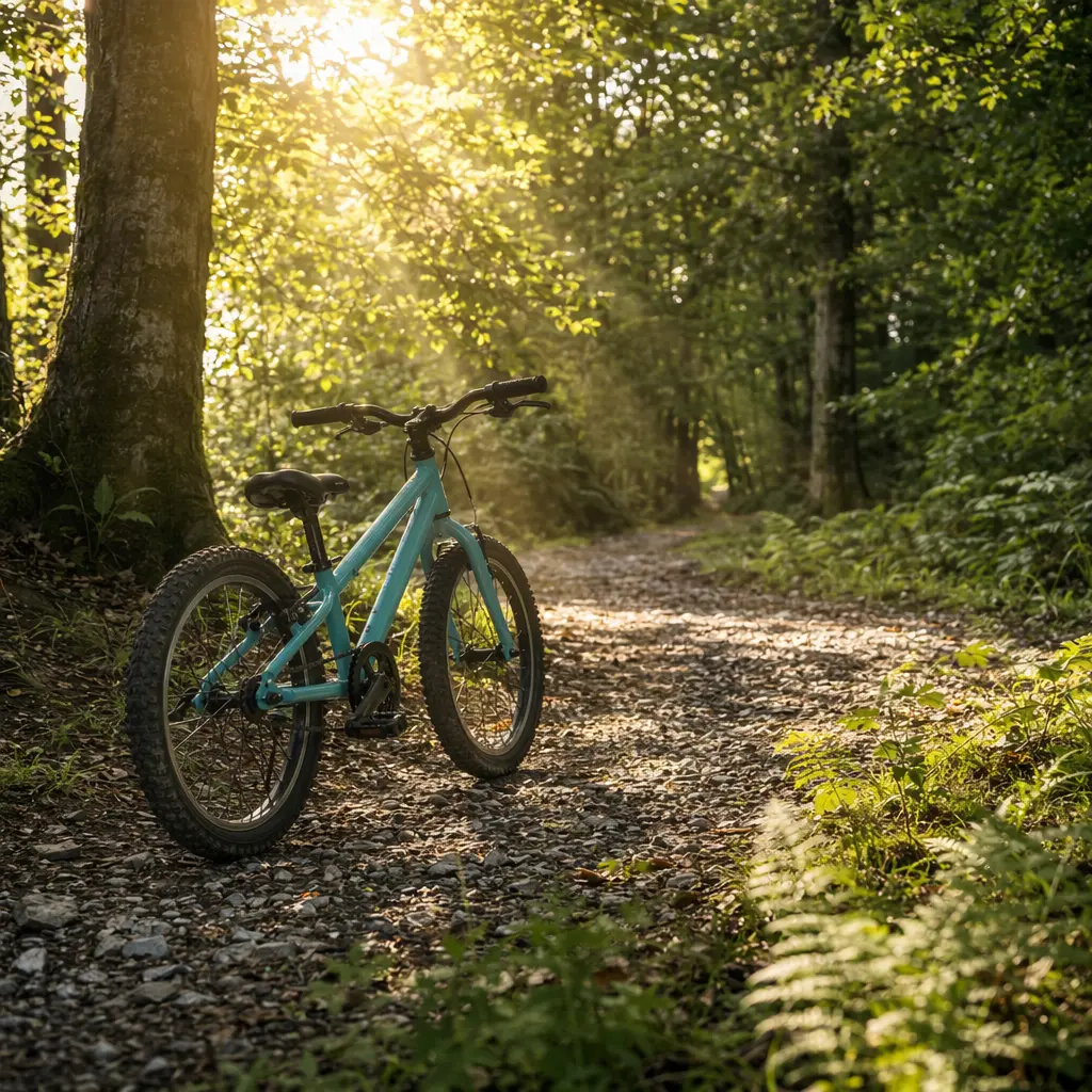 Children’s bike on a woodland trail in warm morning sunlight