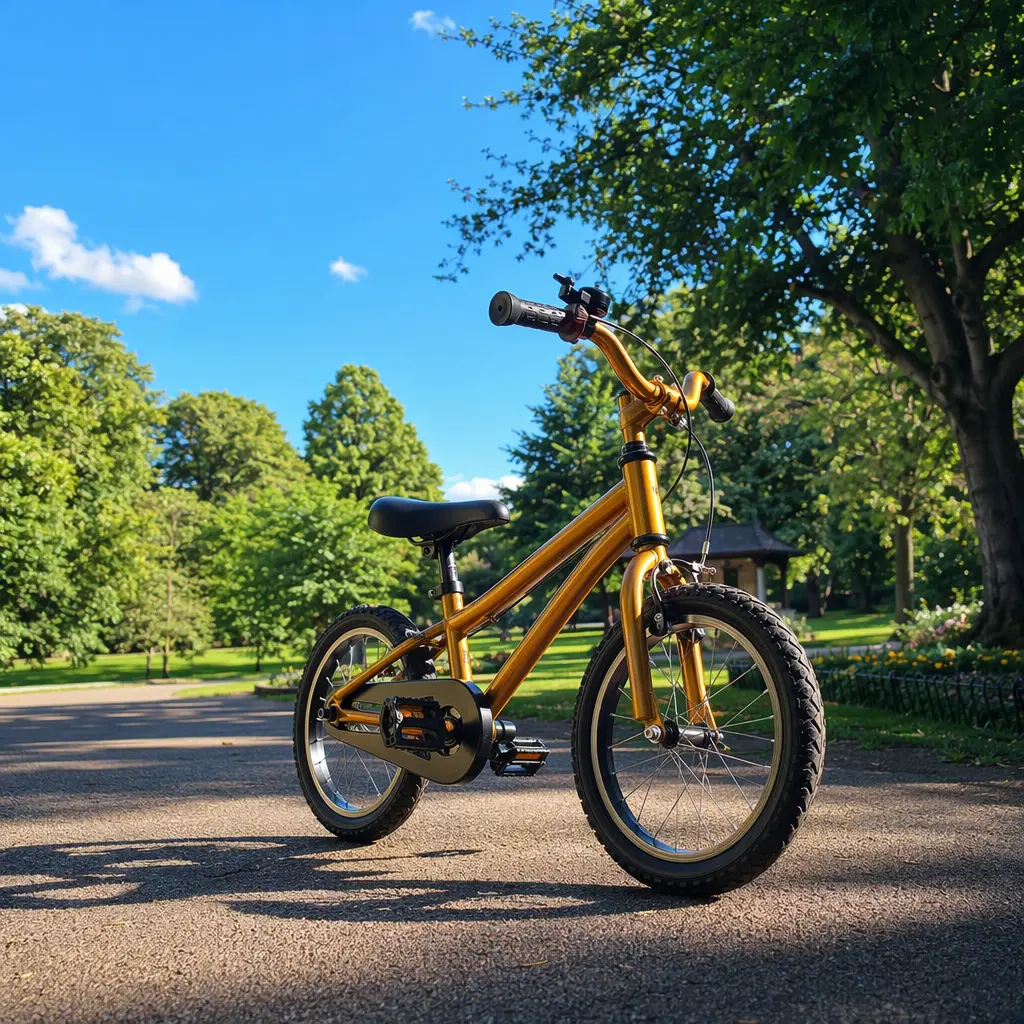 Brightly lit children’s bike on a sunny park path under a blue sky