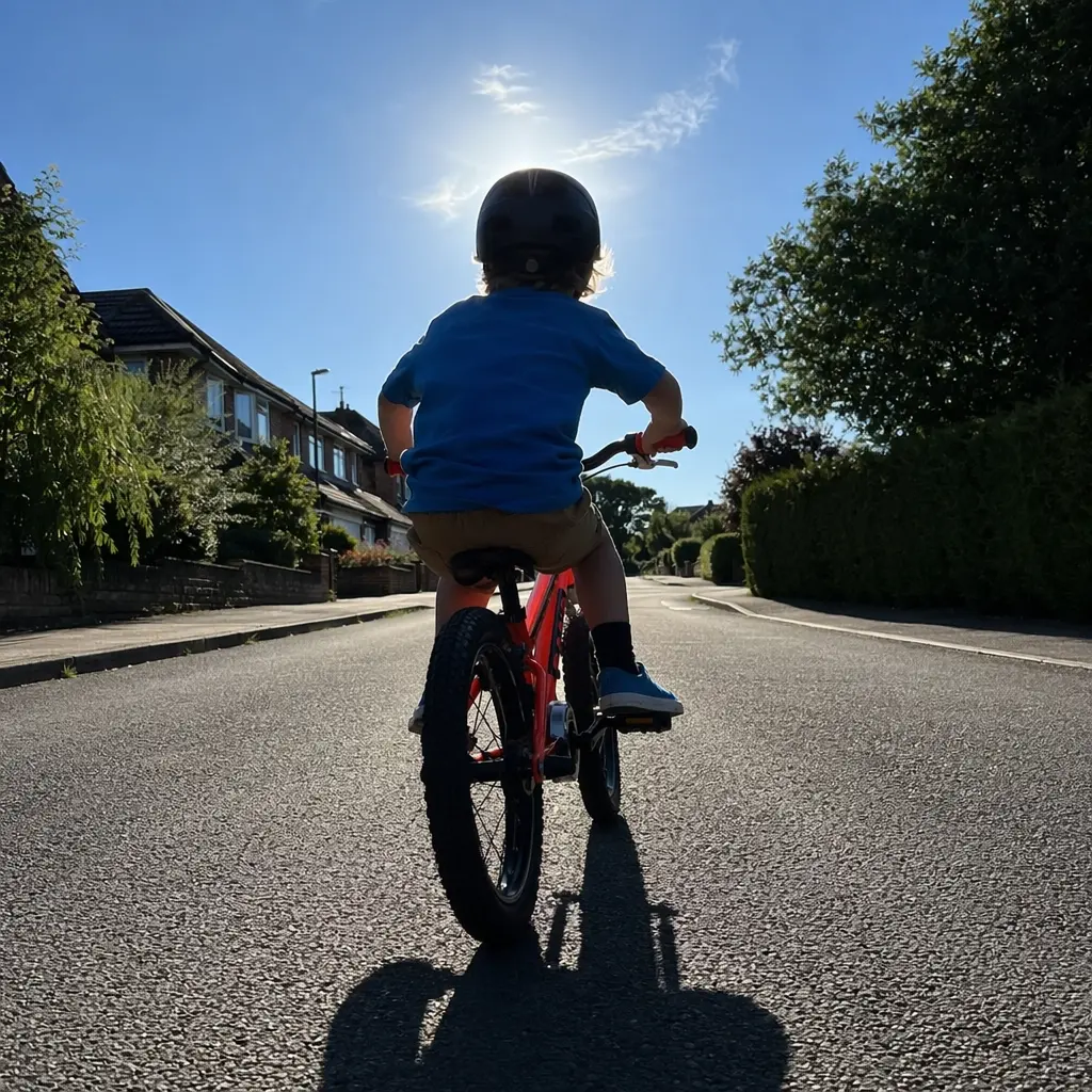 Child riding a colourful kids’ bike on a sunny residential street