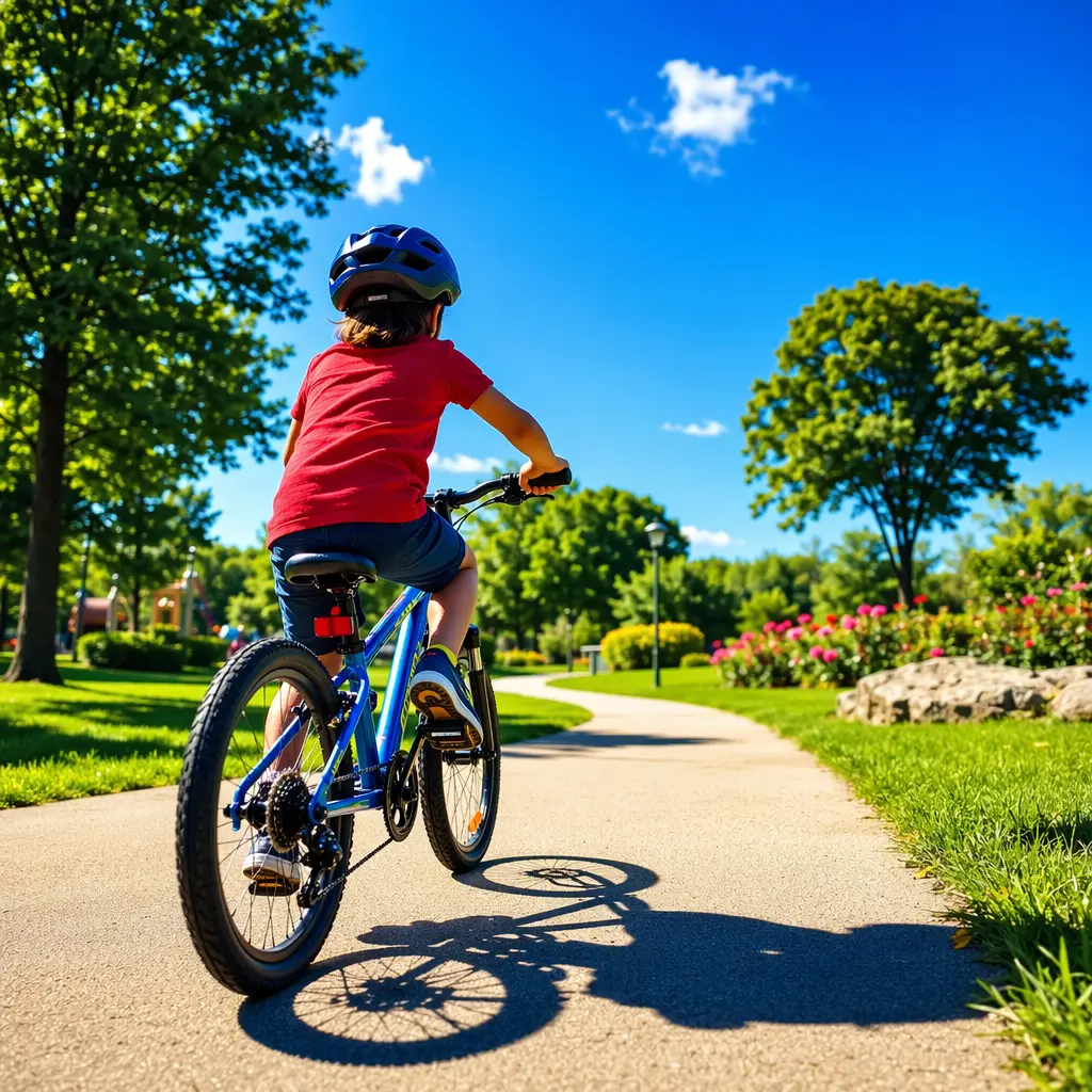 A confident child riding a kids’ bike on a sunny park path