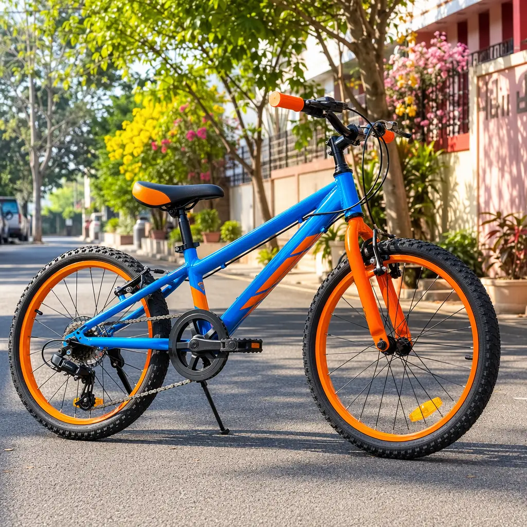 Kids’ geared bike in bright sunshine on a quiet street