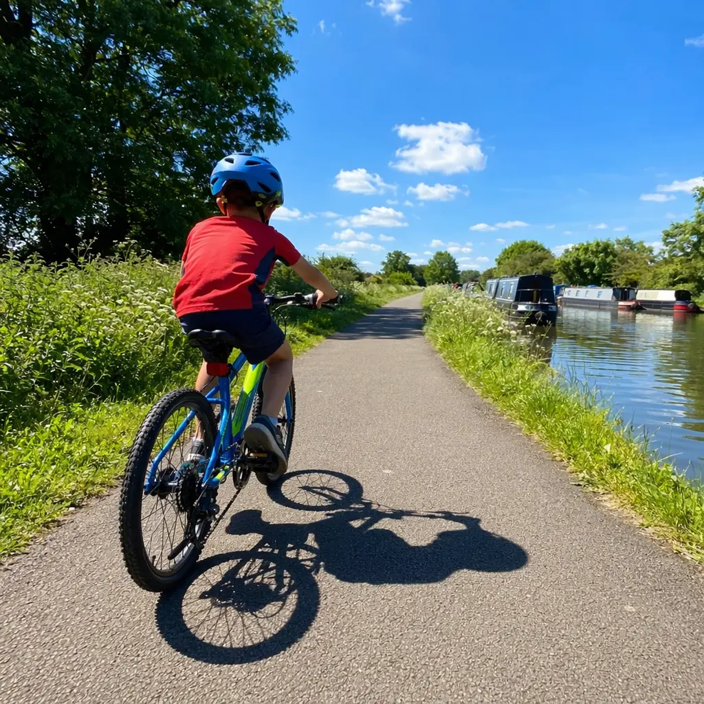 Children’s geared bike being ridden along a sunny canal towpath