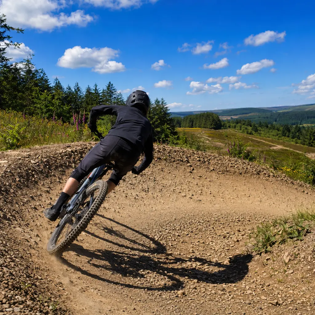 Hardtail mountain bike cornering on a sunny UK trail centre