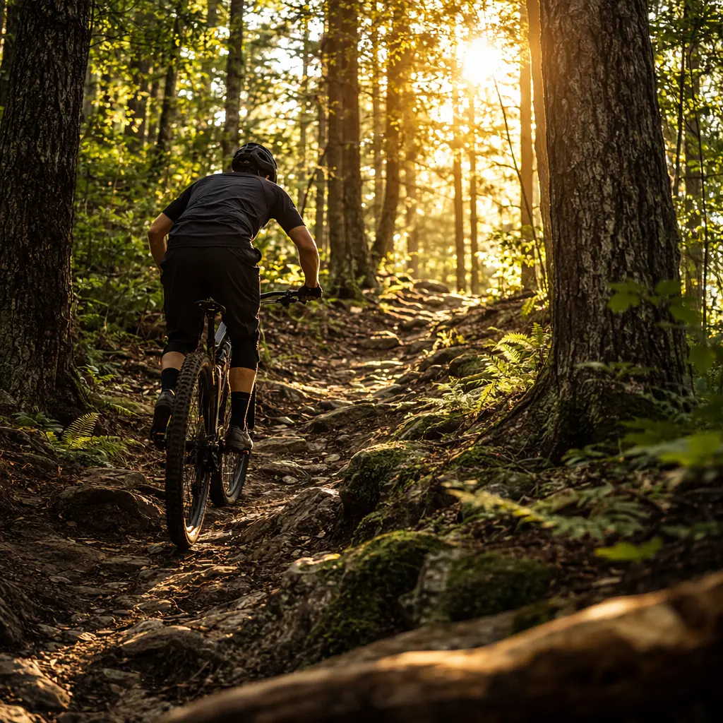 Mountain bike climbing a woodland trail in warm morning light