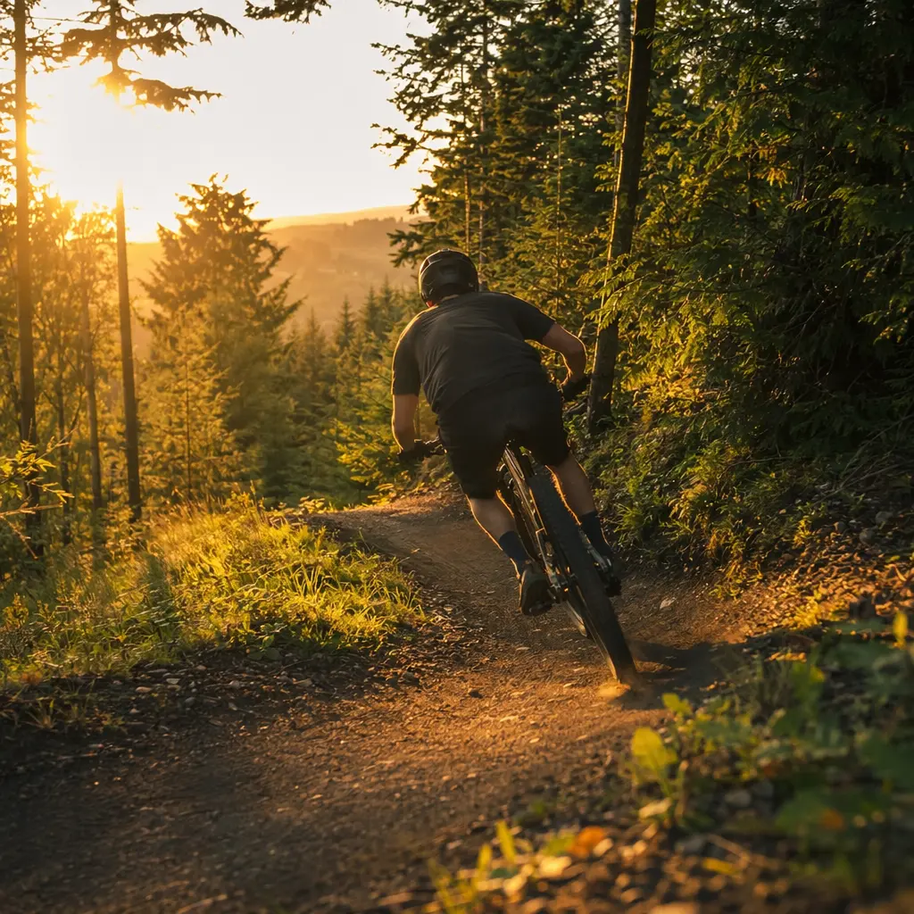 Mountain bike on a UK trail centre singletrack in warm golden-hour light