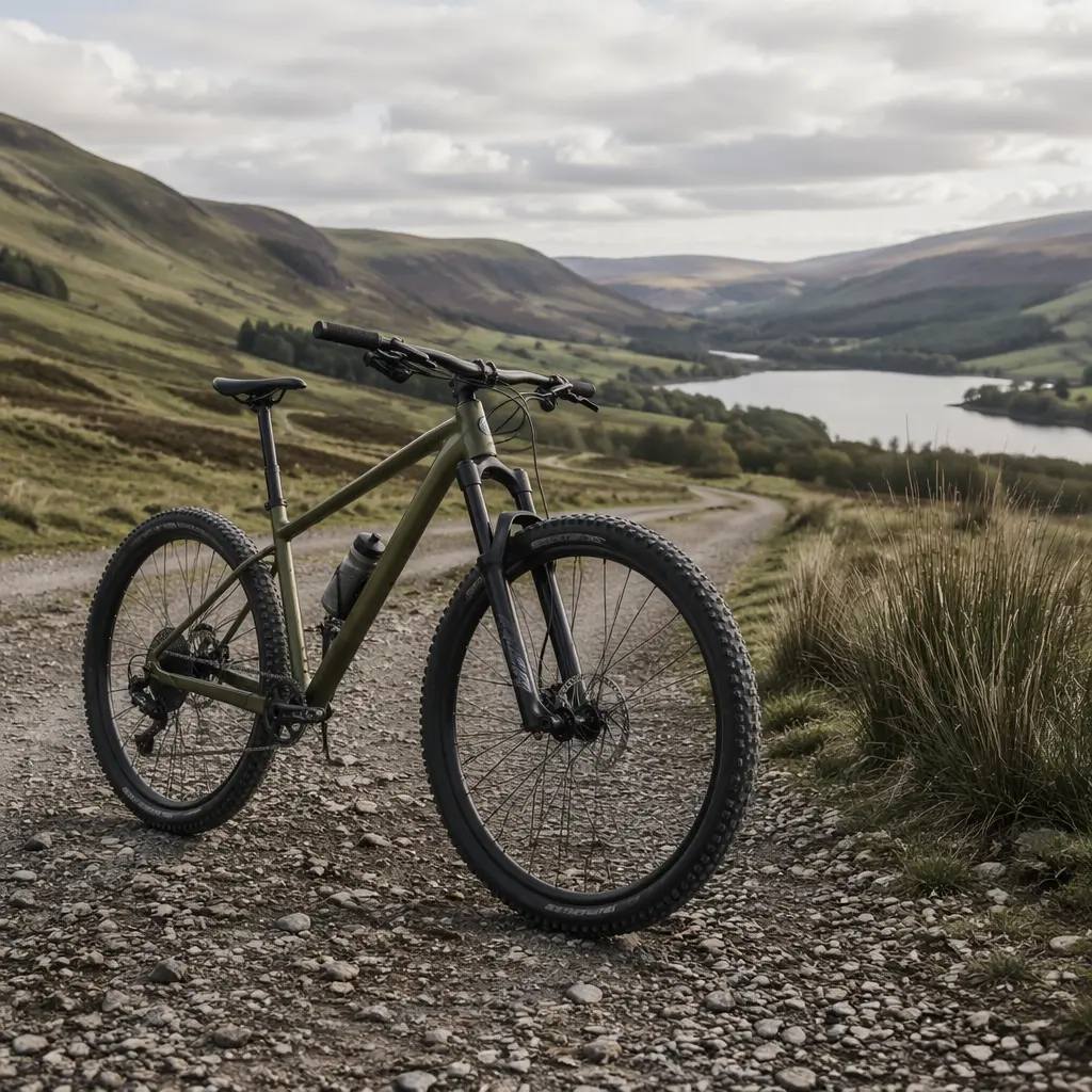 Hardtail mountain bike on a gravel track in the countryside