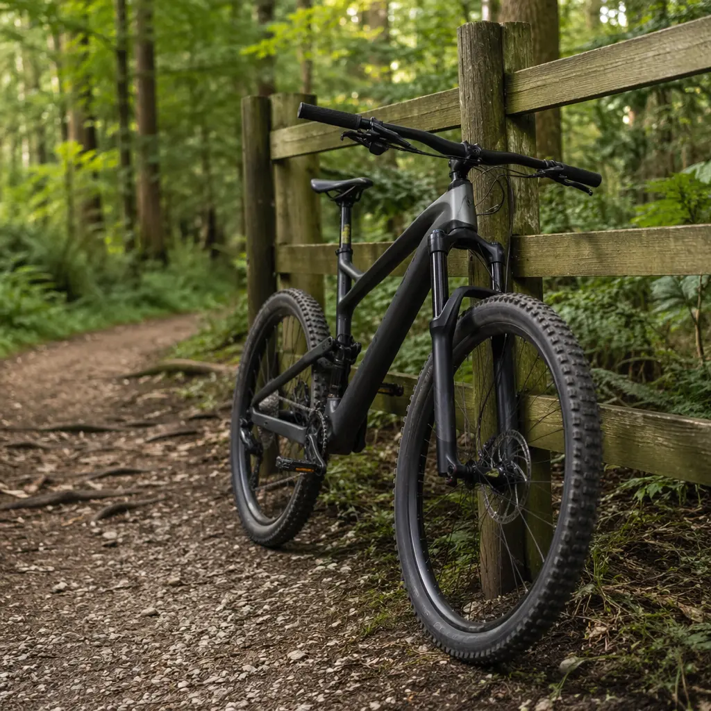 Budget mountain bike on a woodland trail in soft natural light