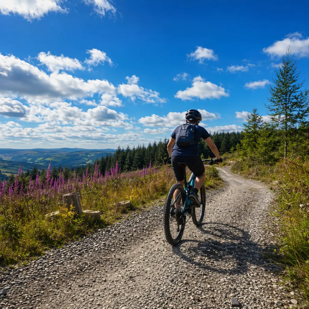 Budget mountain bike on a sunny UK trail centre path