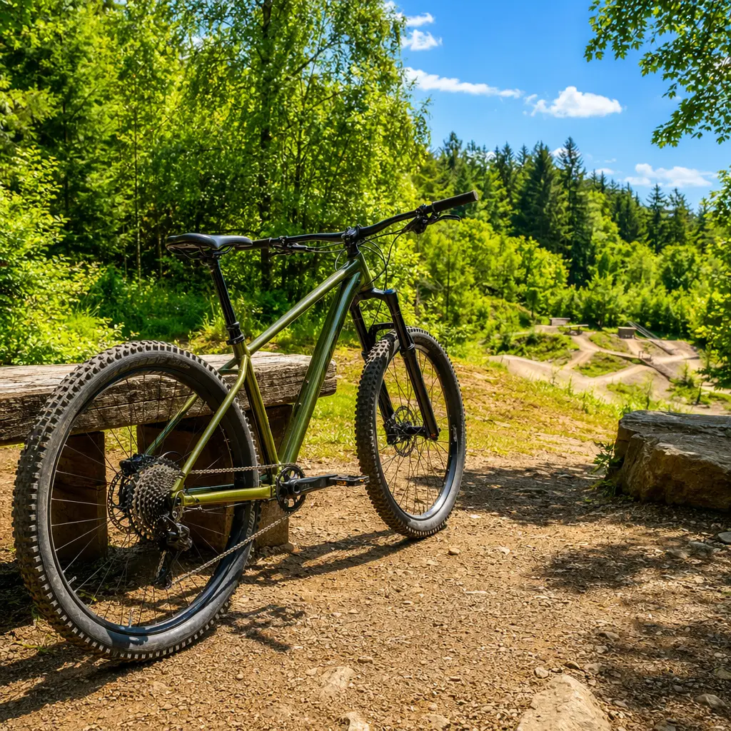 Entry-level hardtail mountain bike at a bright UK trail centre