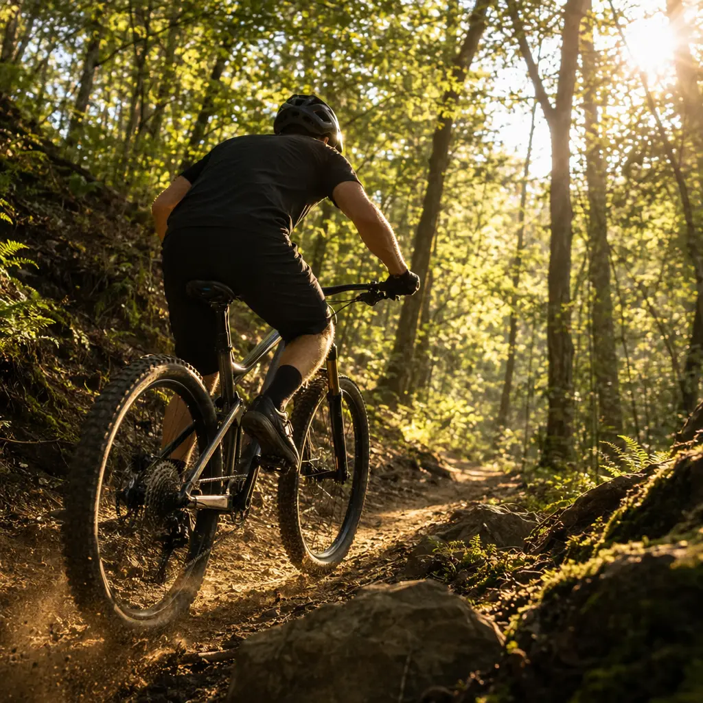 Entry-level hardtail mountain bike riding a bright woodland trail in the UK