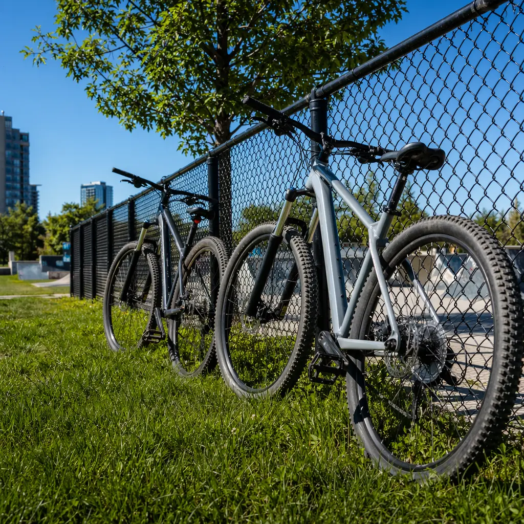 Entry-level hardtail mountain bikes in a sunny park setting