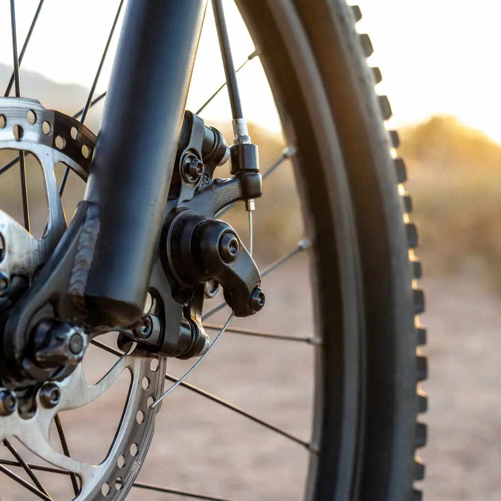 Close-up of an entry-level mountain bike brake and tyre