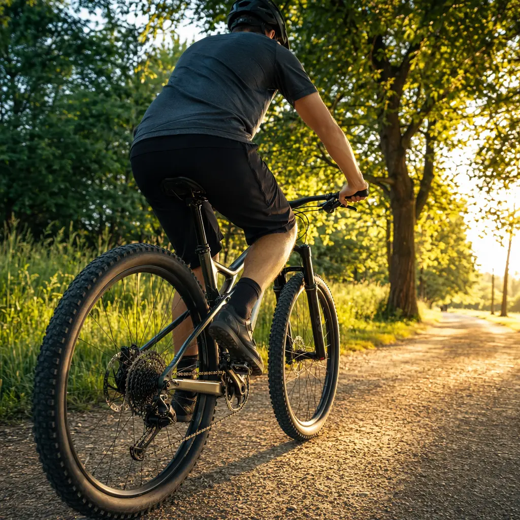 Budget mountain bike being ridden on a sunny park path