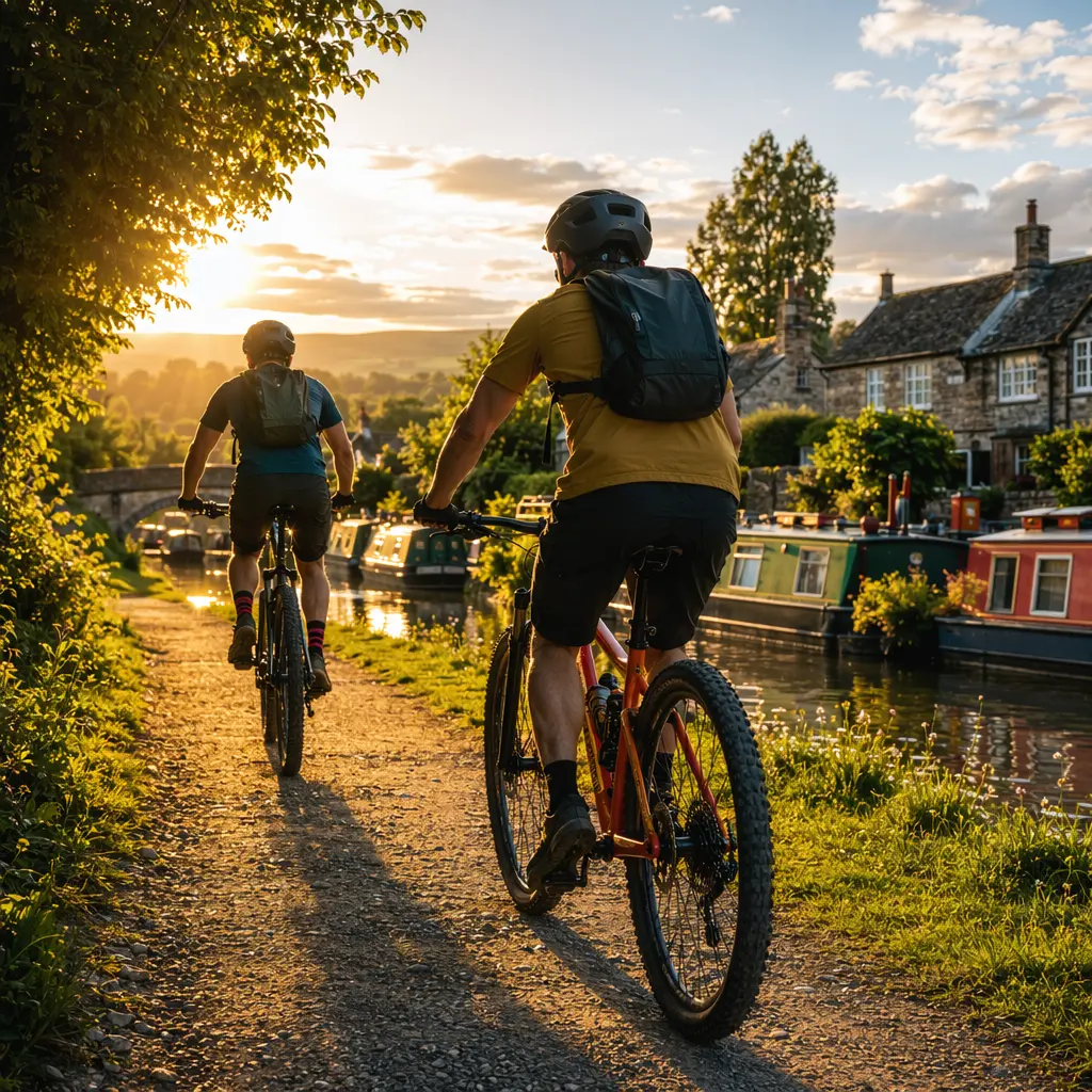 Entry-level mountain bikes being ridden on a bright canal towpath at sunset
