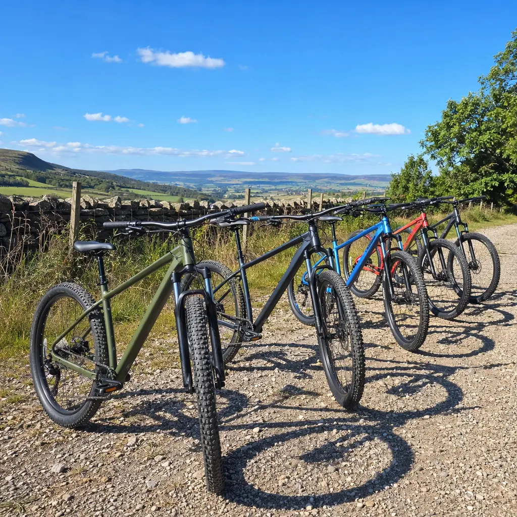 Entry-level hardtail mountain bikes on a bright gravel trail