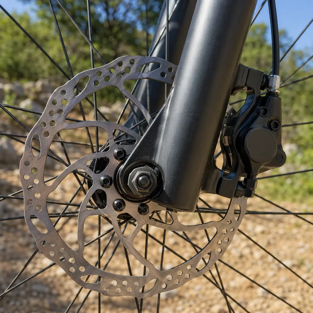 Detail shot of entry-level mountain bike brakes and suspension fork