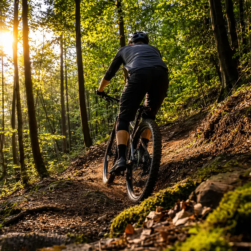 A budget hardtail mountain bike being ridden on a sunlit woodland trail