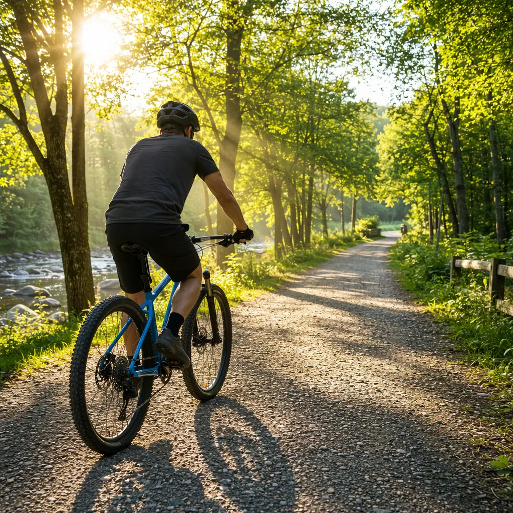 An entry-level mountain bike on a sunny woodland park path