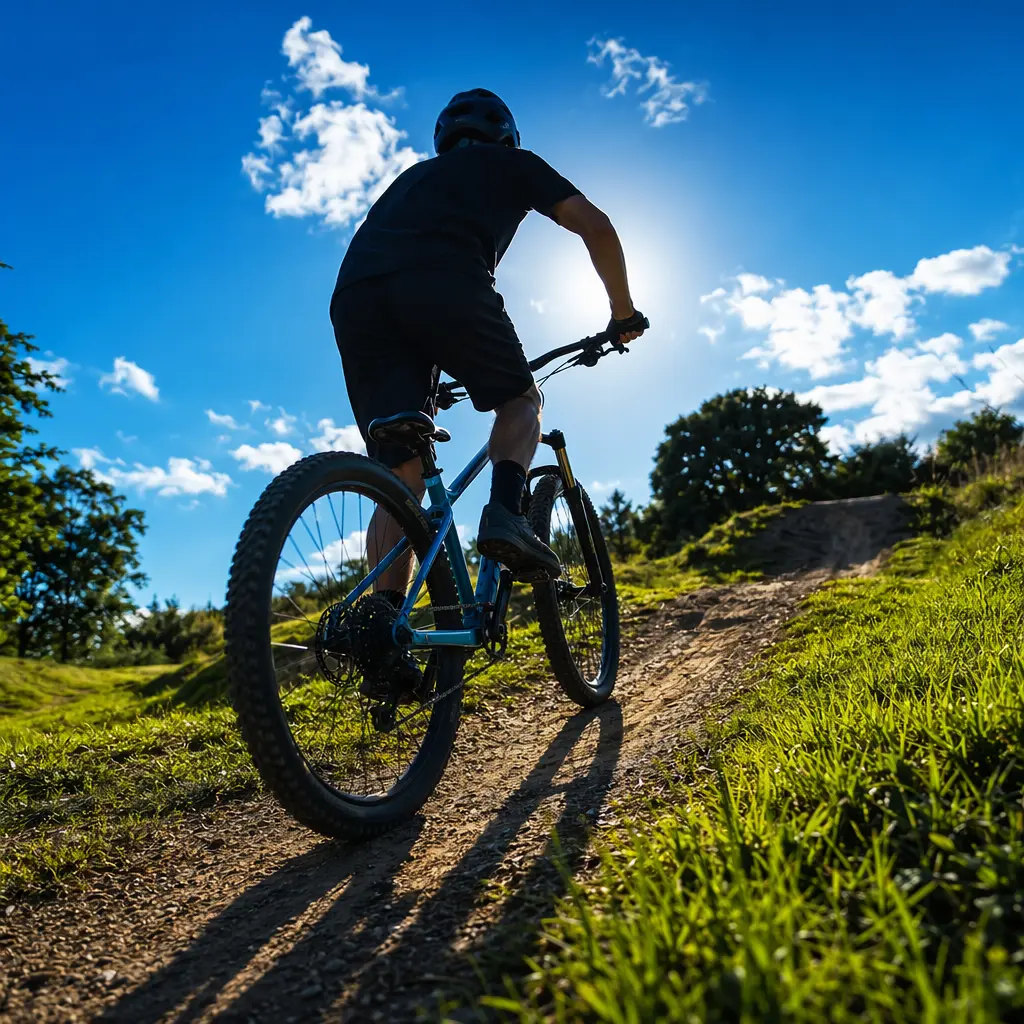 A budget mountain bike being ridden on a sunny UK park trail
