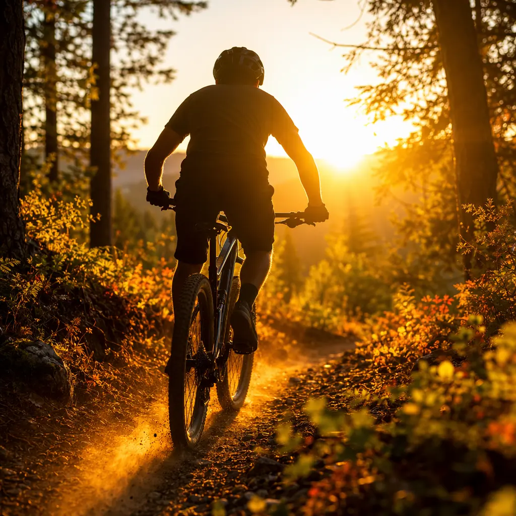 Budget hardtail mountain bike being ridden on a sunny woodland trail