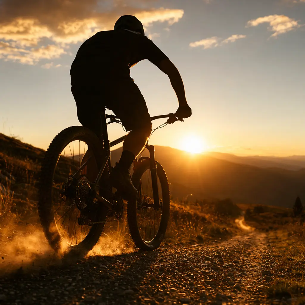 Rider on a budget mountain bike enjoying a gravel trail in warm evening light